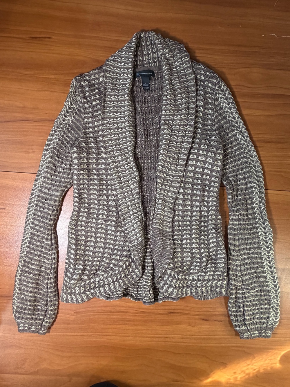 INC International Concepts Taupe and Cream Open-Front Knit Cardigan
